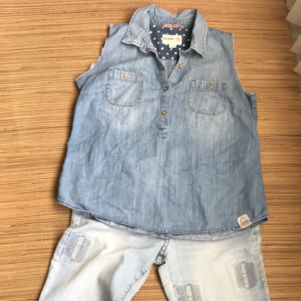 Vintage 90s Feed USA denim jean shirt top Sz L